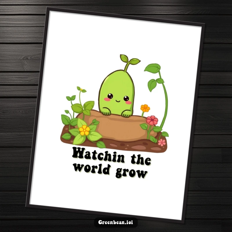 Funny Free Printable Wall Art: A green bean with curious eyes peeks playfully from the soil of a vibrant garden.