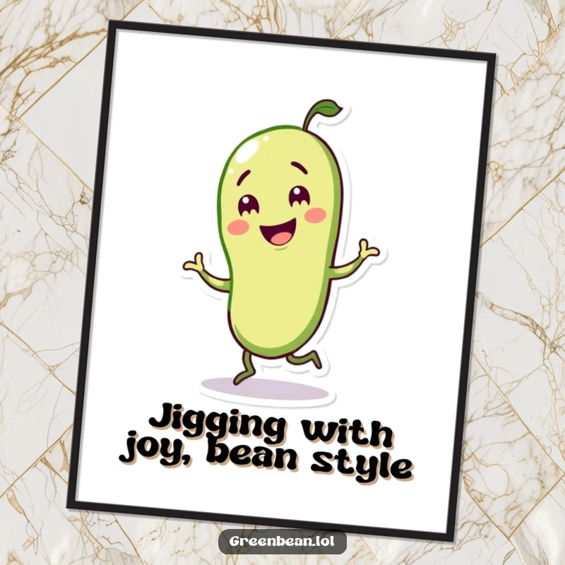 Free Printable Wall Art of a happy green bean character caught mid-jig, full of energy and infectious, playful spirit.