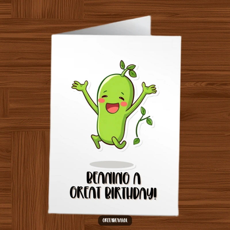 Funny Free Printable Birthday Card: Happy green bean doing a jumping jack with a vine accomplice, celebrating with energetic joy.