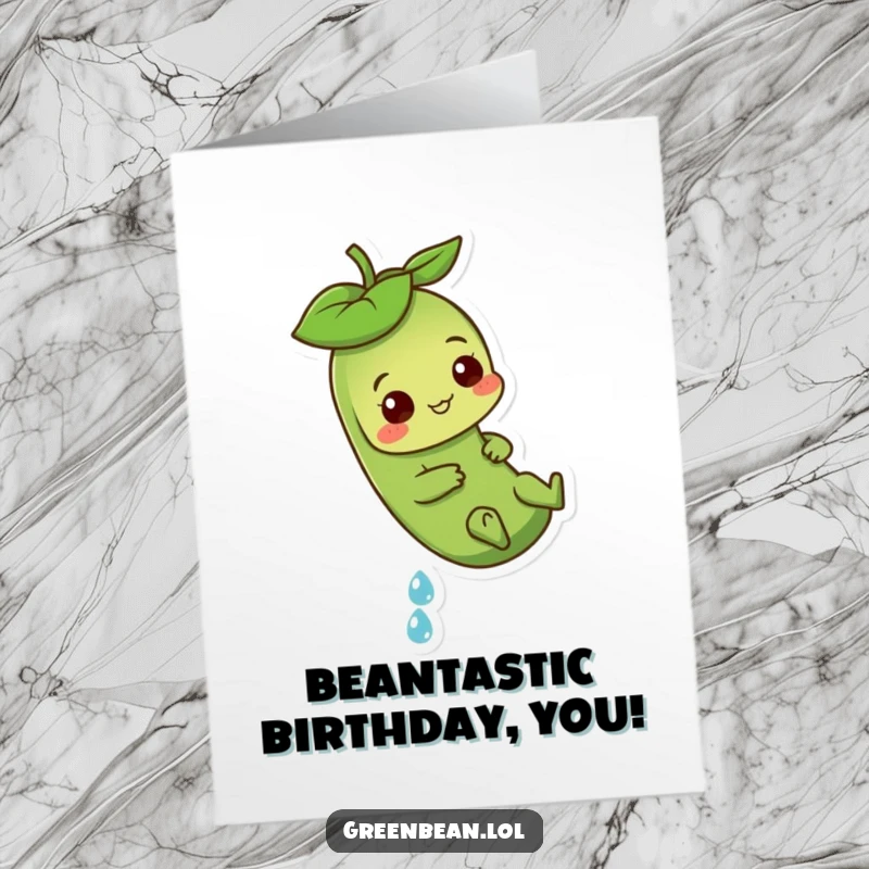 Funny Free Printable Birthday Card: Green Bean Sliding Down a Dewdrop with Joy