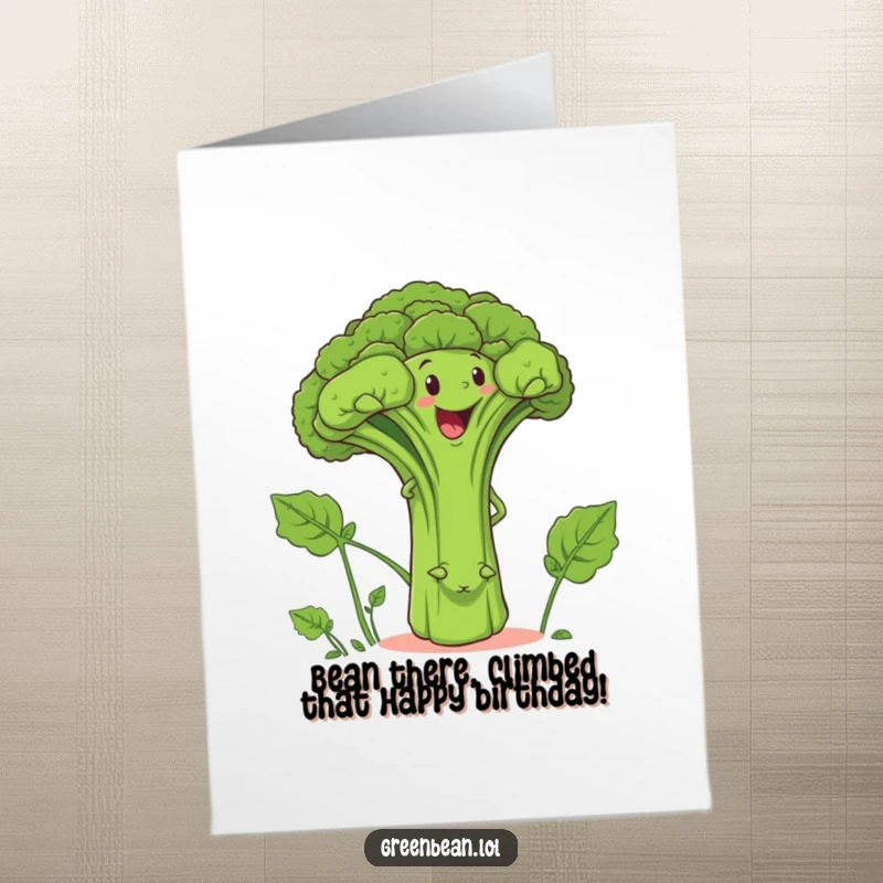 Funny Free Printable Birthday Card: Green bean determinedly climbing a giant smiling broccoli stalk, a humorous DIY gift.