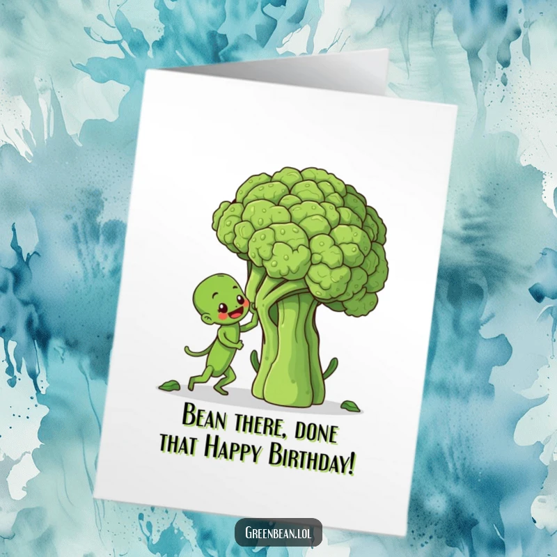 Funny Free Printable Birthday Card: Determined green bean scaling a massive broccoli with heroic effort.