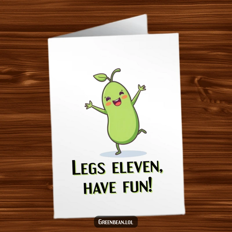 Funny Free Printable Birthday Card: A green bean with tiny legs joyfully cartwheeling, ready to celebrate.