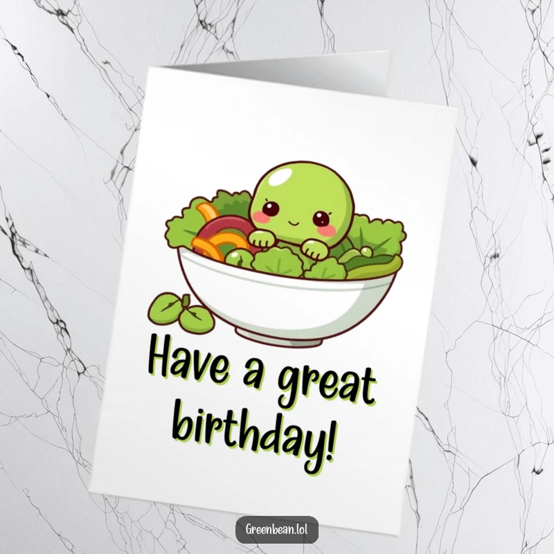 Funny free printable birthday card featuring a shy green bean peeking from a salad bowl, perfect for veggie lovers.