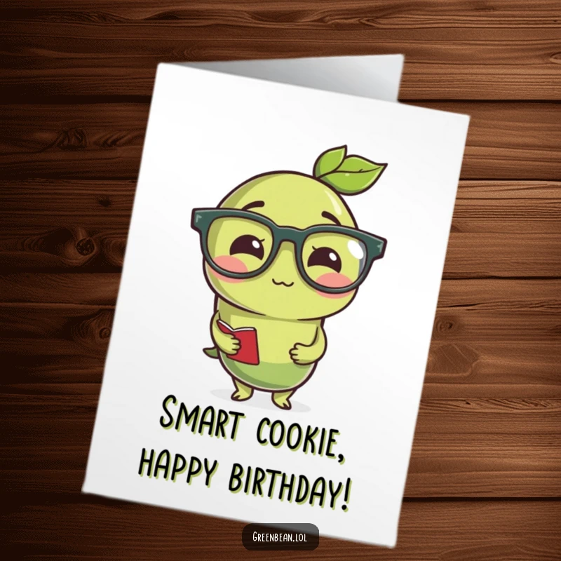 Funny Free Printable Birthday Card: A studious green bean wears reading glasses, looking wise and ready to learn.