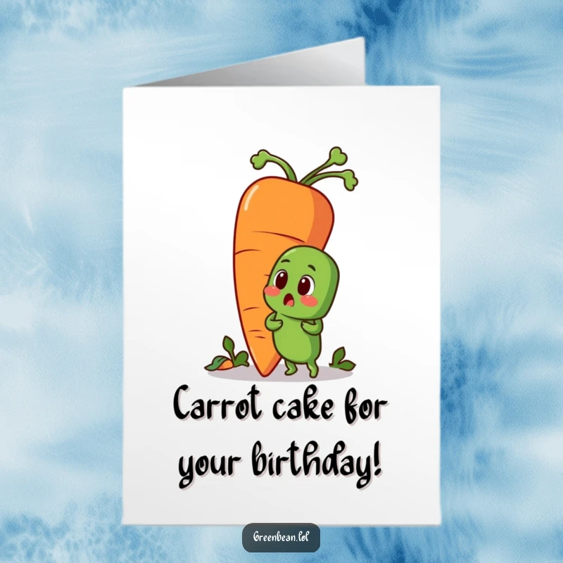 Funny Free Printable Birthday Card: Surprised green bean gazes in awe at its enormous, friendly carrot companion.