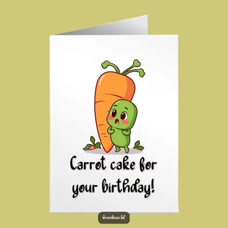 Free Printable Birthday Card: Surprised Green Bean Meets Giant Carrot Friend Funny Downloadable Gift