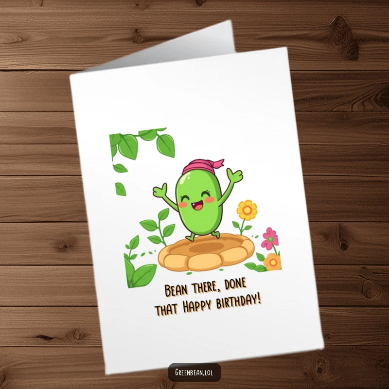Funny Free Printable Birthday Card: A happy green bean character bouncing with pure joy in a vibrant garden bed.