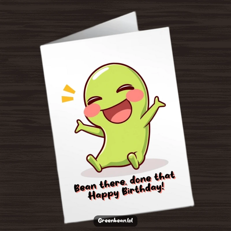 Funny Free Printable Birthday Card: Green bean slips comically, laughing hysterically, ready to fall in this downloadable design.