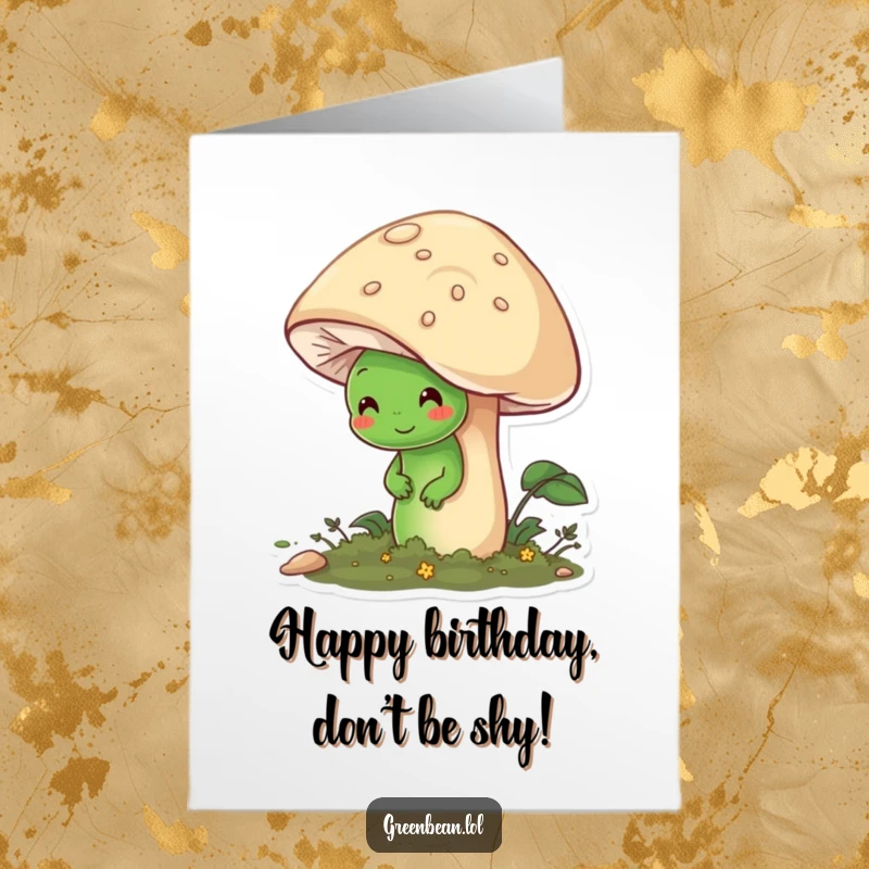 Funny Free Printable Birthday Card: Shy green bean hiding behind a mushroom, a sweet downloadable birthday greeting.