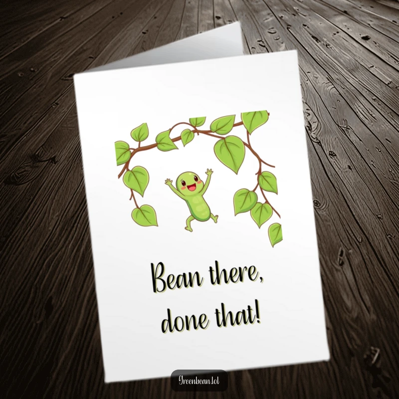 Funny free printable birthday card: Happy string bean swinging joyfully on a vine, vibrant and cheerful downloadable art.