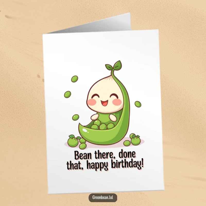 Funny Free Printable Birthday Card showing a cheerful green bean segment juggling tiny peas with impressive skill and a big smile.