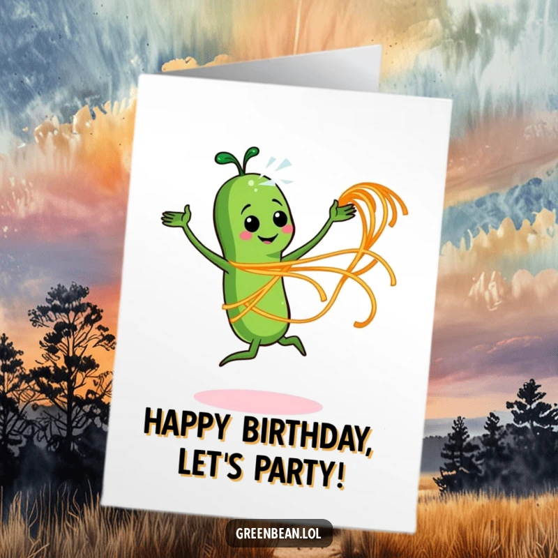 Funny Free Printable Birthday Card: Dancing green bean twirling spaghetti like a ribbon, a fun downloadable birthday greeting.