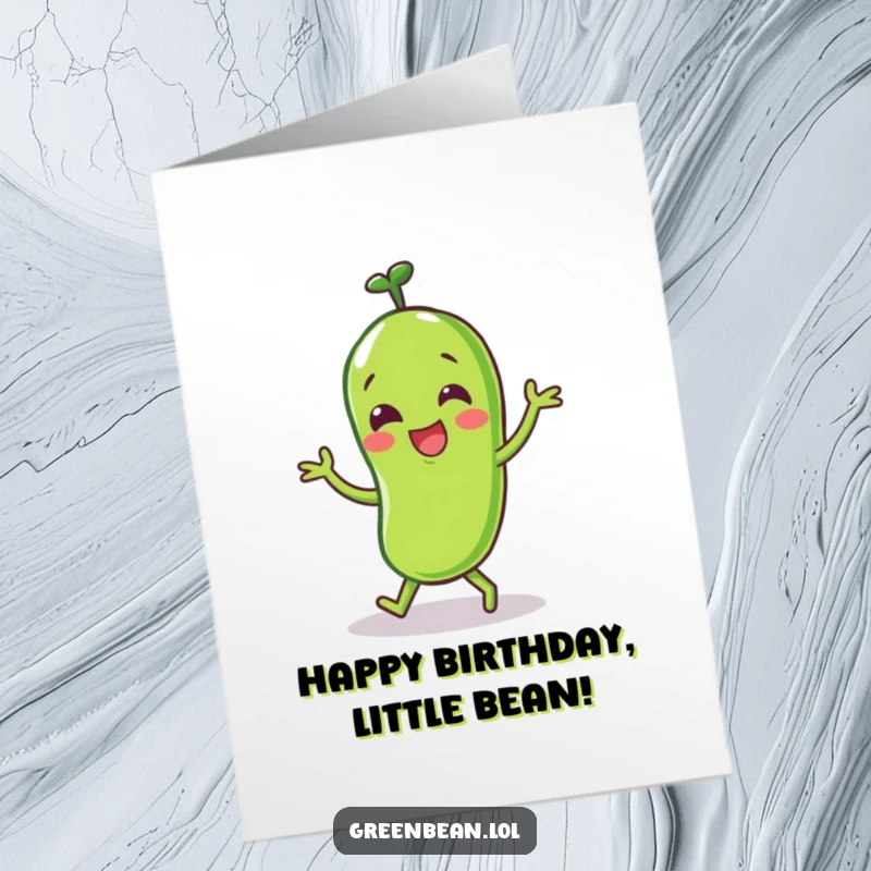 Funny Free Printable Birthday Card: Happy Green Bean Character Doing a Little Dance