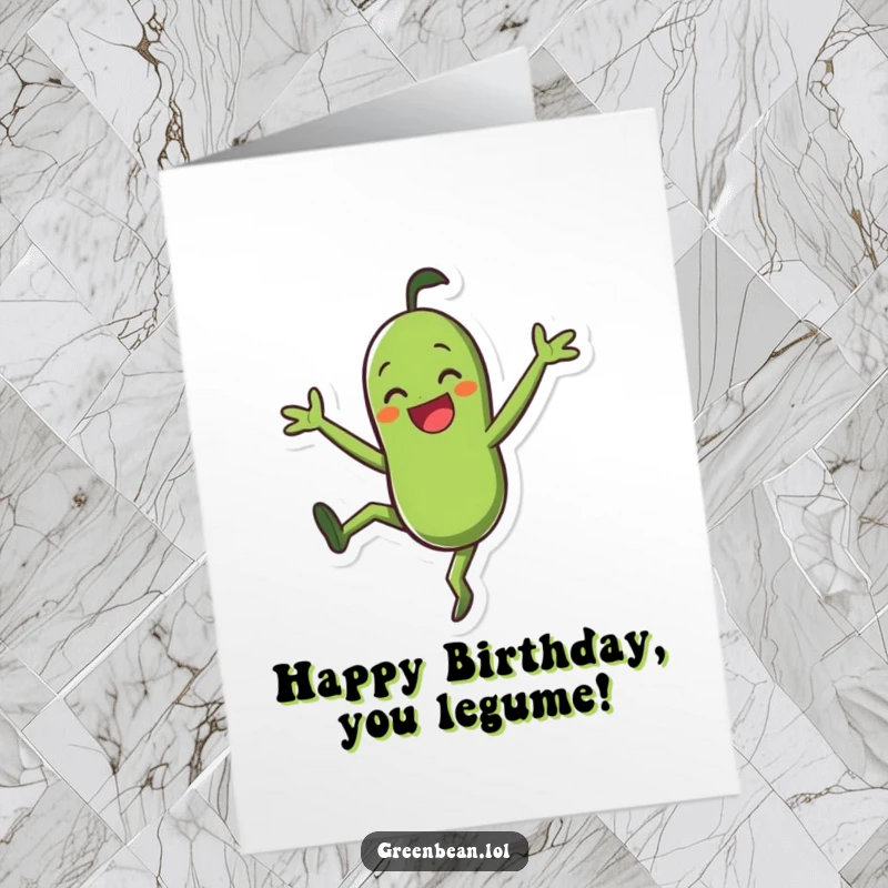 Funny Free Printable Birthday Card: Smiling green bean character doing a joyful cartwheel, celebrating energetic birthday wishes.