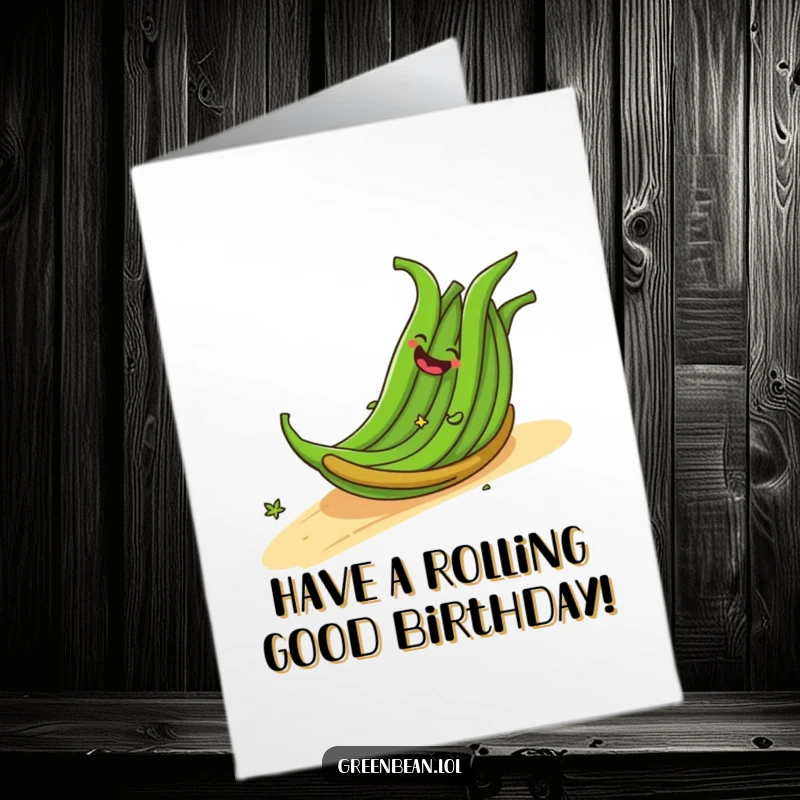 Funny Free Printable Birthday Card: Cheerful Bundle of Green Beans Giggling as They Roll Down a Gentle Slope