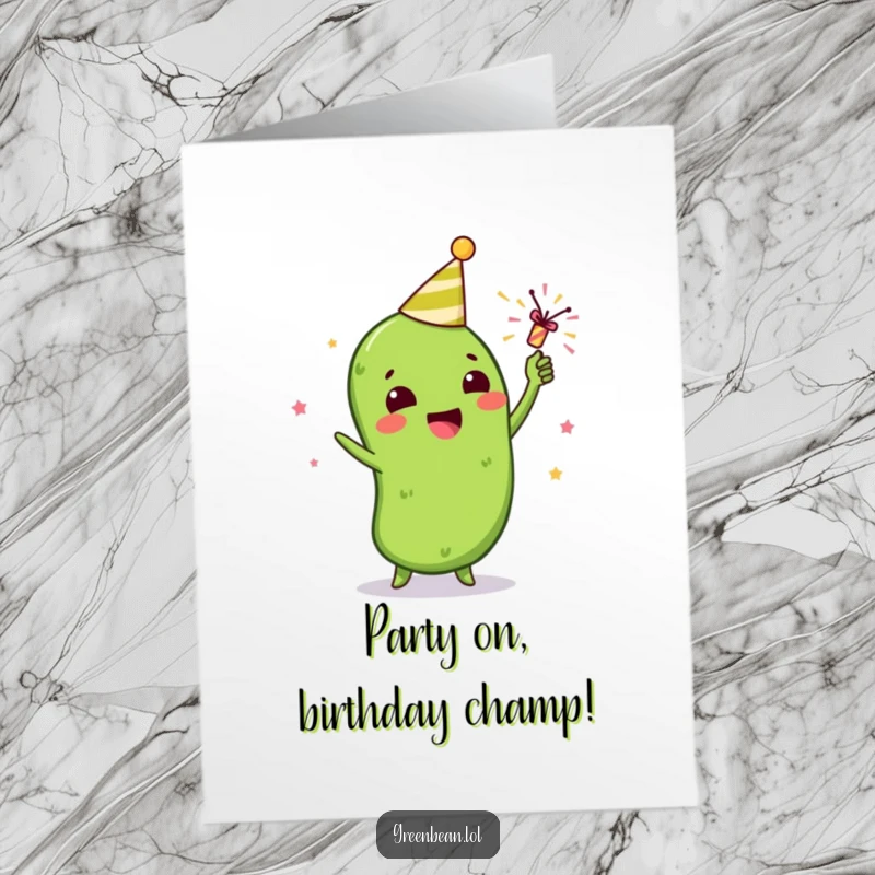Funny Free Printable Birthday Card: Gleeful green bean character joyfully pops a tiny party popper, showering confetti for a birthday.