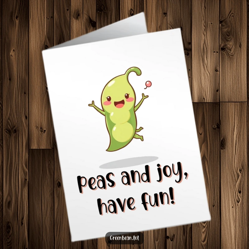 Funny Free Printable Birthday Card: A happy pea pod mid-leap, with peas playfully escaping.