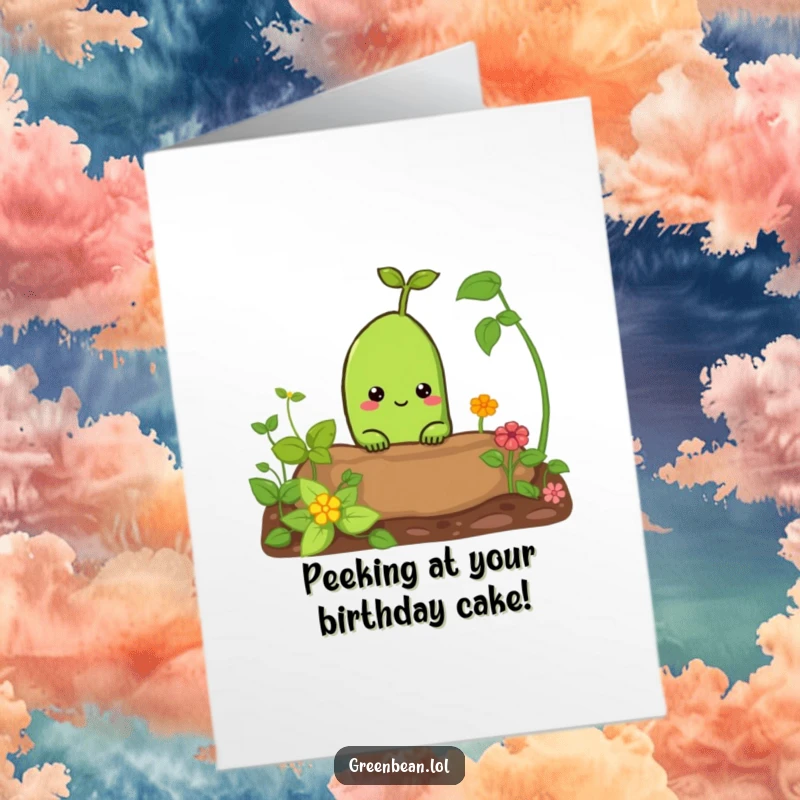 Funny Free Printable Birthday Card: A green bean curiously peeks its head out from a lush garden bed just for you.