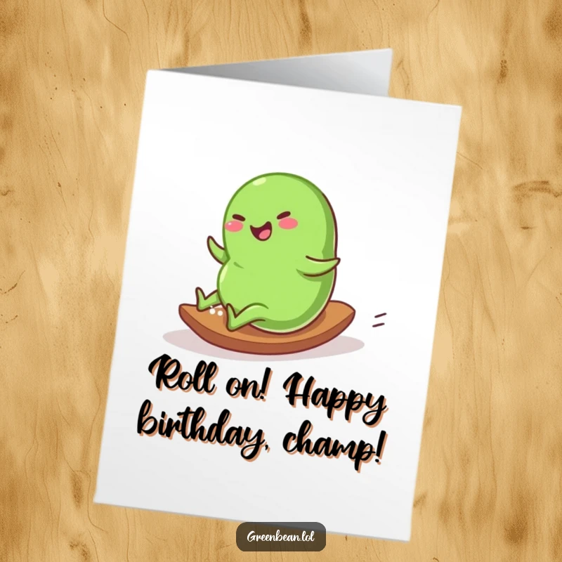 Funny Free Printable Birthday Card: Plump green bean rolling down a slope with pure glee, celebrating birthday joy and carefree fun.