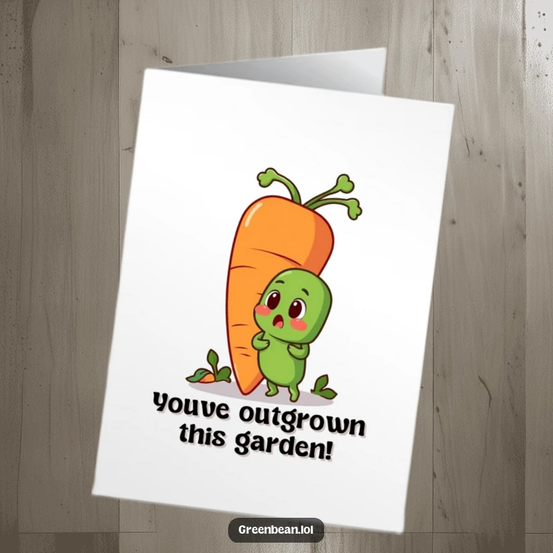 Funny Free Printable Congrats Card: Green bean expresses shock next to an enormous, friendly carrot, celebrating good news.