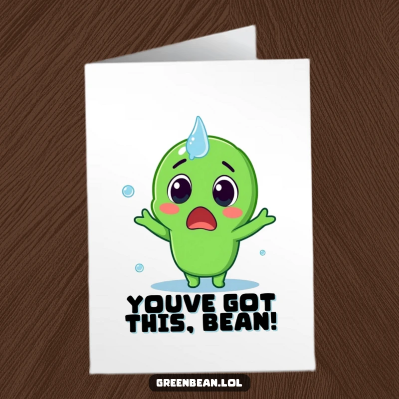 Funny Free Printable Congratulations Card: A surprised green bean bravely faces a playful water splash, symbolizing overcoming obstacles.