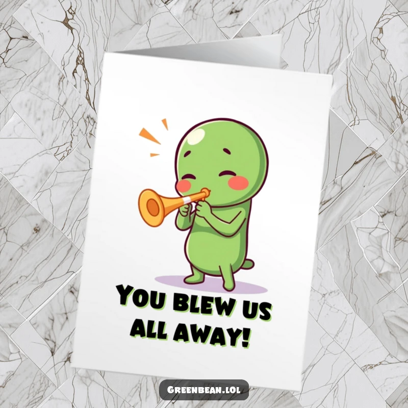 Funny Free Printable Congrats Card: Green bean enthusiastically playing a tiny trumpet, celebrating great news with musical fanfare.