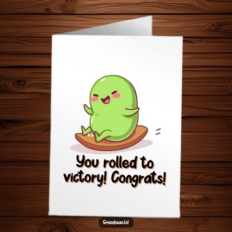 Funny Free Printable Congratulations Card: Plump green bean rolling down a slope with extreme glee, celebrating a successful journey and happy outcomes.