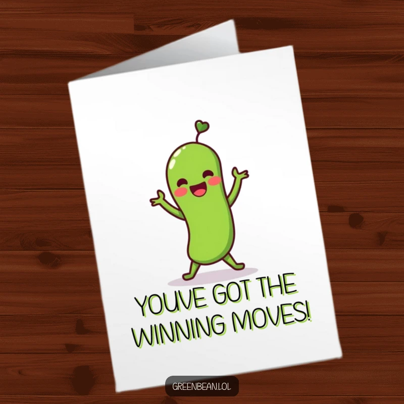 Funny Free Printable Congrats Card: A green bean is caught mid-shimmy, celebrating a fantastic achievement with a dance.