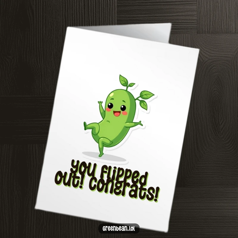 Funny Free Printable Congratulations Card: Green bean performing an energetic cartwheel, celebrating success with flair.