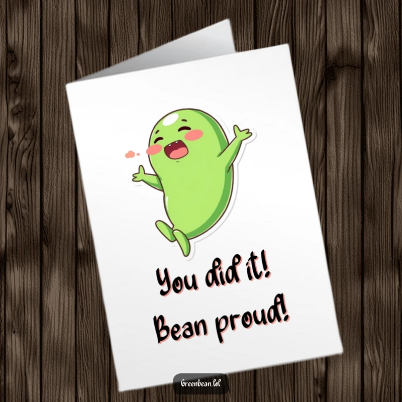 Funny Free Printable Congratulations Card: Plump green bean executing an exaggerated dive, signifying a big win.