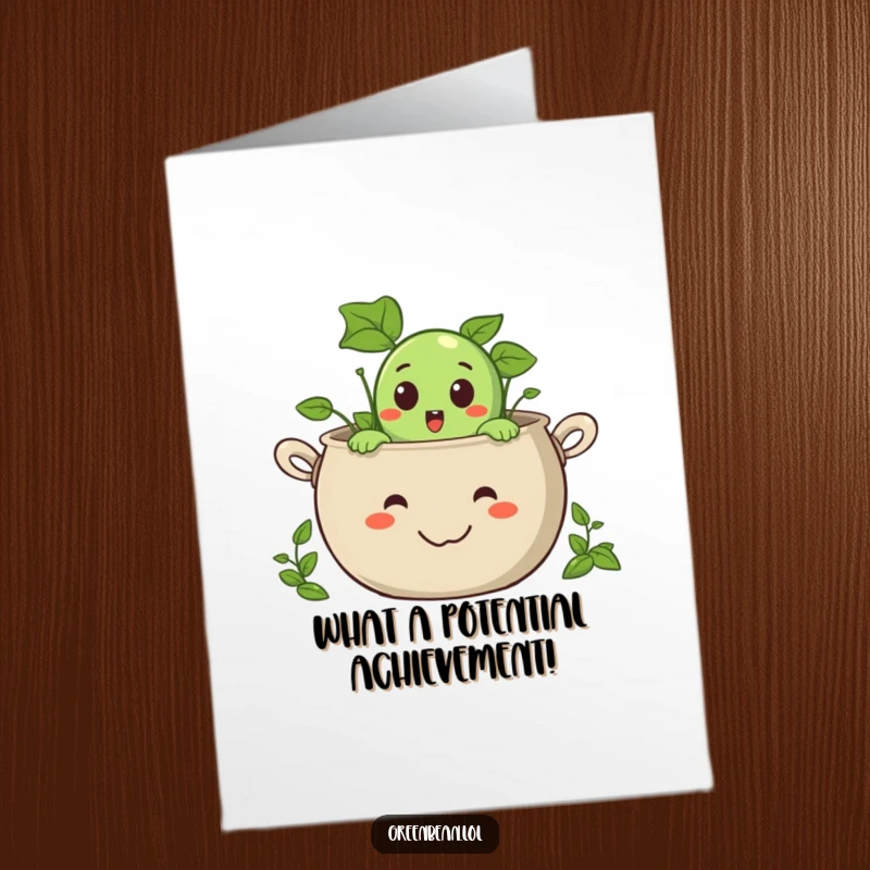 Funny Free Printable Congratulations Card: Surprised green bean peeking from a giant smiling pot, celebrating a wonderful achievement.