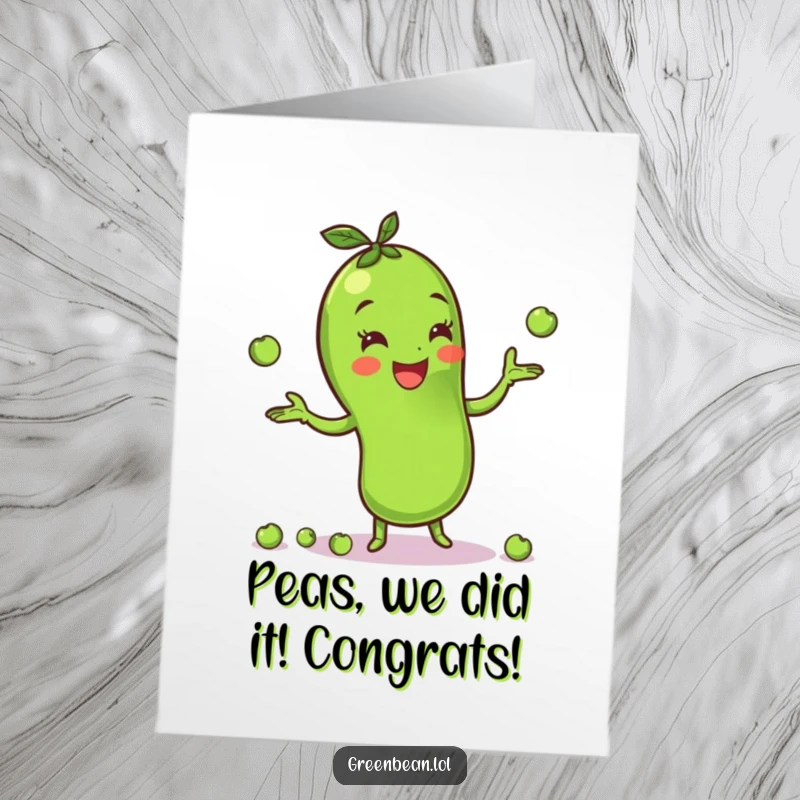 Funny Free Printable Congratulations Card: A happy green bean skillfully juggling tiny peas, celebrating your success with a lively and amusing display.