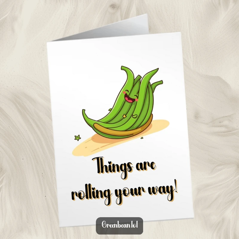 Funny Free Printable Congratulations Card: Bundle of Green Beans Giggling and Rolling Downhill in Celebration
