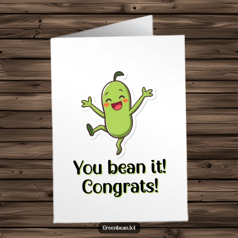Funny Free Printable Congrats Card: Smiling green bean character doing a joyful cartwheel, celebrating a triumphant moment.