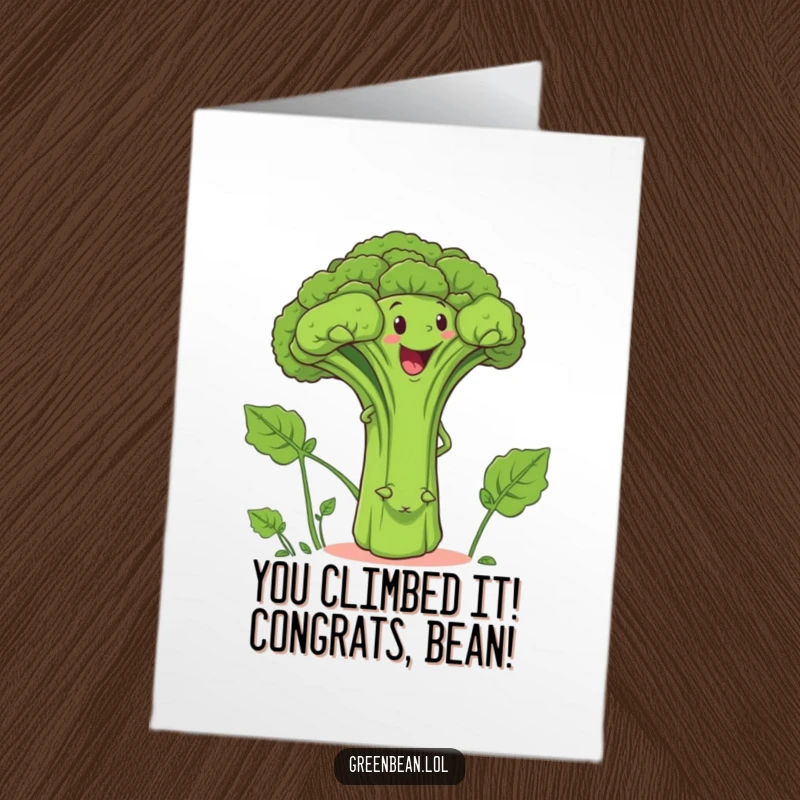 Funny Free Printable Congratulations Card: Determined green bean climbing a giant smiling broccoli stalk, celebrating success humorously.