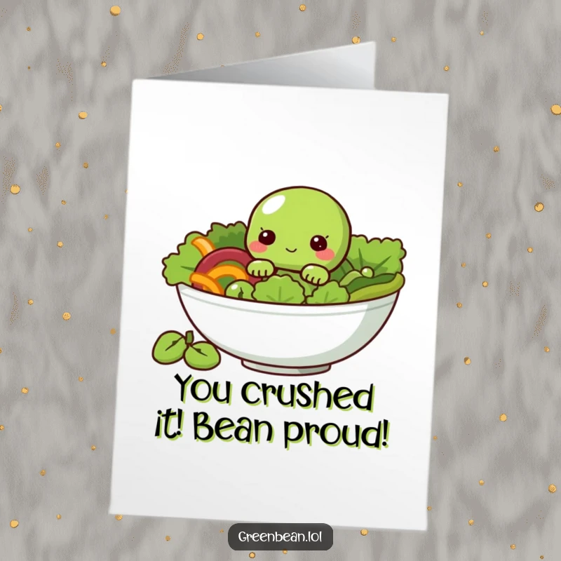 Funny free printable congratulations card with a shy green bean peeking from a salad, adding a humorous touch to celebrations.
