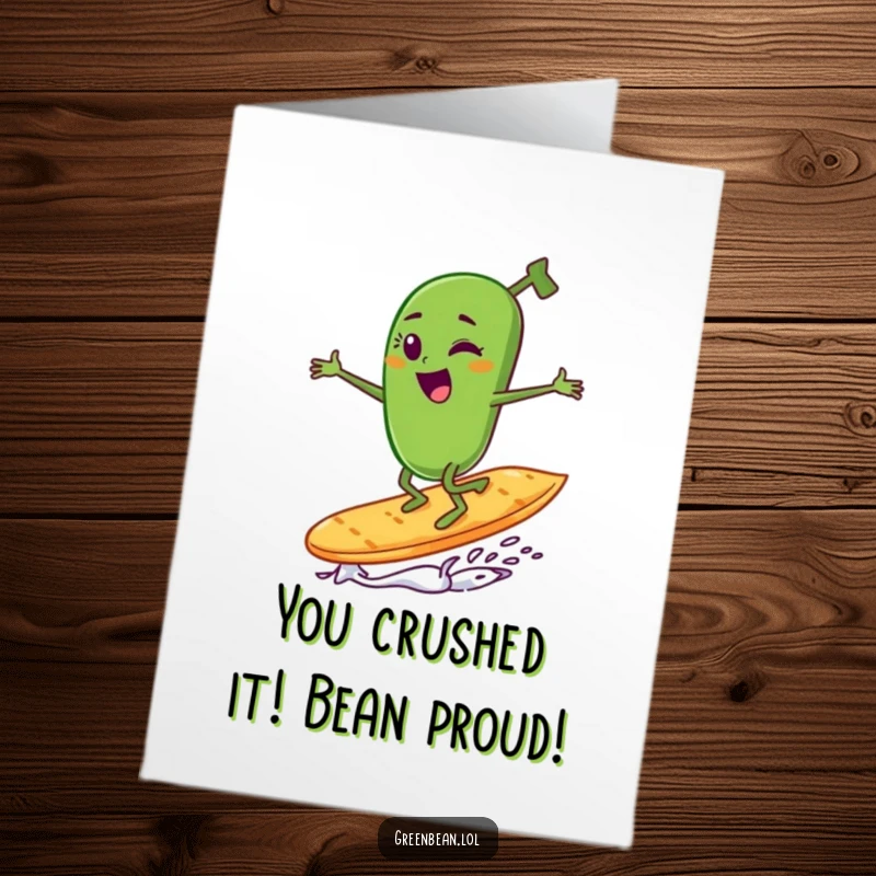 Funny Free Printable Congrats Card: Winking green bean character celebrating victory while surfing a potato chip.