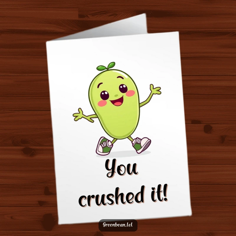 Funny Free Printable Congrats Card: A cheerful green bean athlete in tiny shoes, captured mid-stride as they race towards victory.
