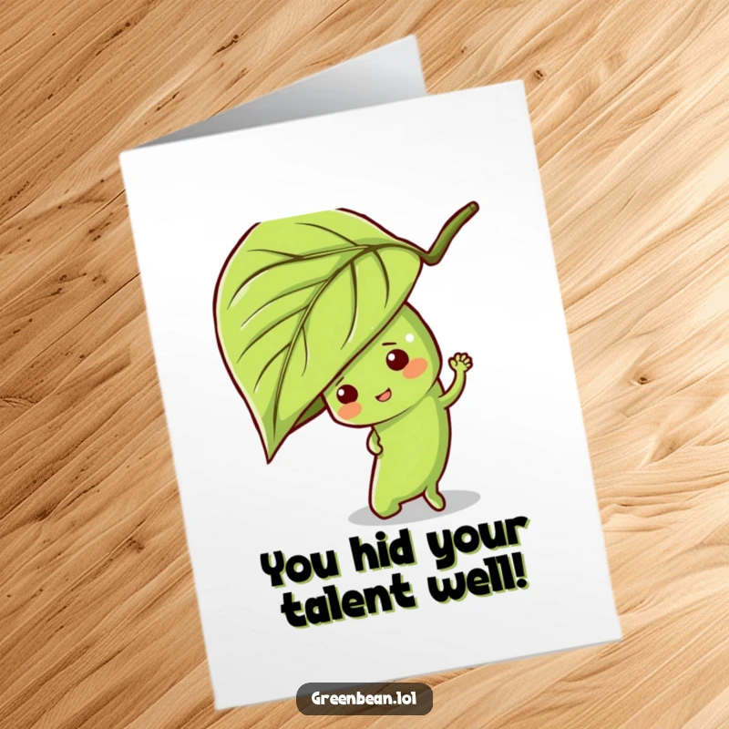 Funny Free Printable Congratulations Card: A mischievous green bean character is hiding and peeking out from behind a leafy plant.
