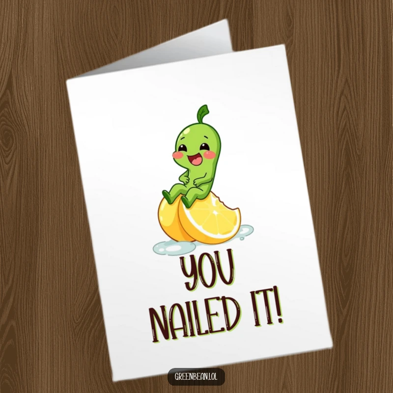 Funny Free Printable Congrats Card: A happy green bean giggles while sliding down a bright, slippery lemon wedge with flair.