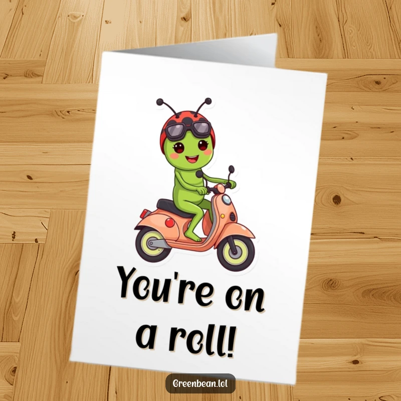 Funny Free Printable Congrats Card: A cheerful green bean character rides a ladybug scooter, symbolizing a speedy and fun success.