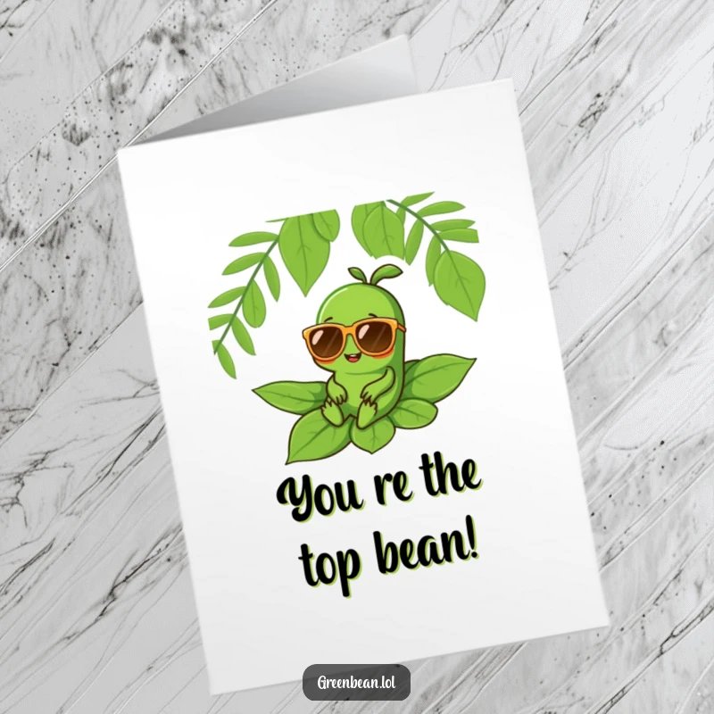 Funny Free Printable Congratulations Card showing a green bean character wearing huge sunglasses, lounging on a leaf, exuding cool confidence.