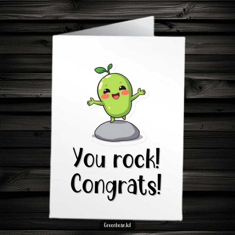 Funny Free Printable Congrats Card: A green bean character happily bounces on a pebble, full of energy and celebration.