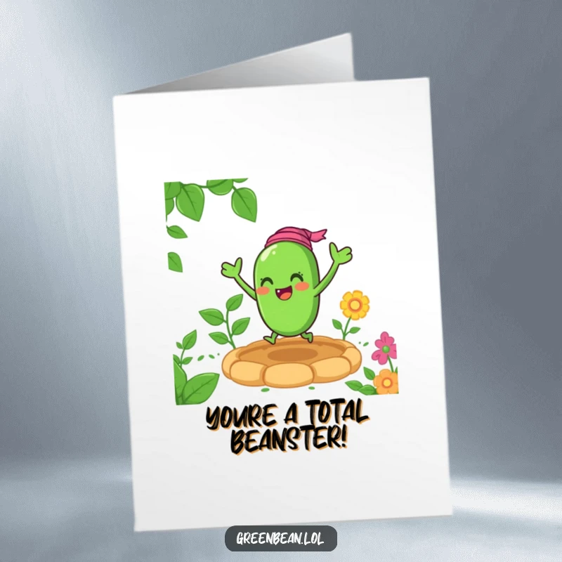 Funny Free Printable Congratulations Card: A cheerful green bean character bouncing with excitement in a lush garden setting.