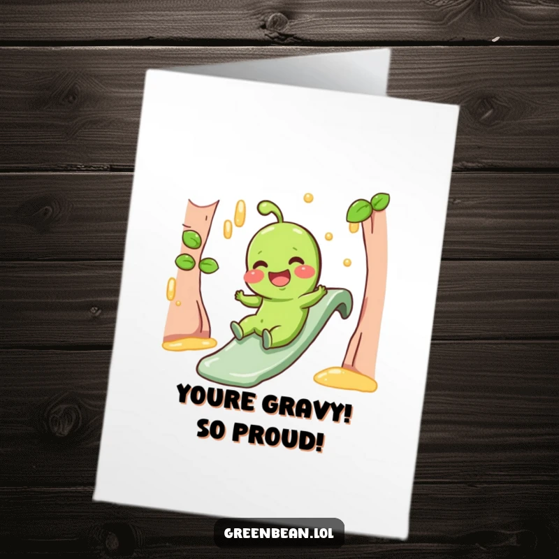 Funny free printable congratulations card with a giggling green bean sliding down a gravy slide, adding humor to achievements.