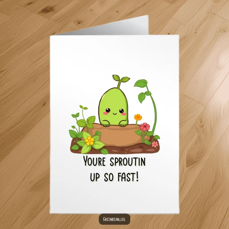 Funny Free Printable Congrats Card: A curious green bean peeks from a garden, symbolizing a wonderful new discovery.