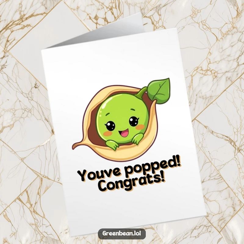 Funny Free Printable Congrats Card: A green bean smiles widely, peeking from its pod, celebrating a happy occasion.