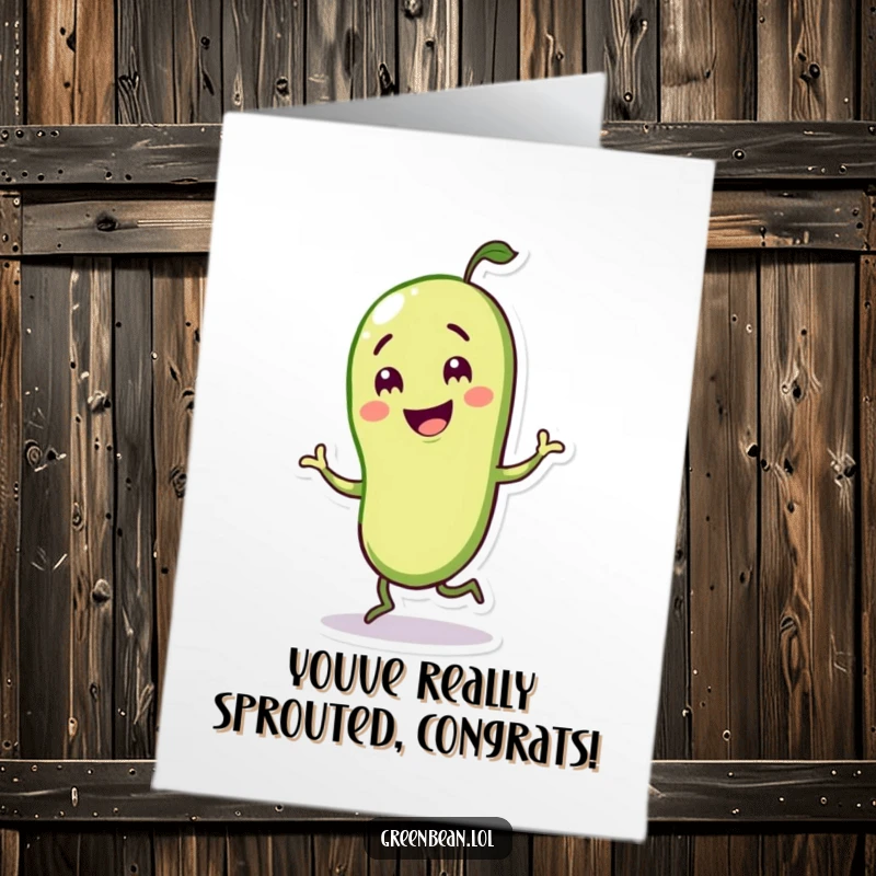 Free Printable Congratulations Card showing a happy green bean character doing a cheerful jig, celebrating achievements with lively energy.