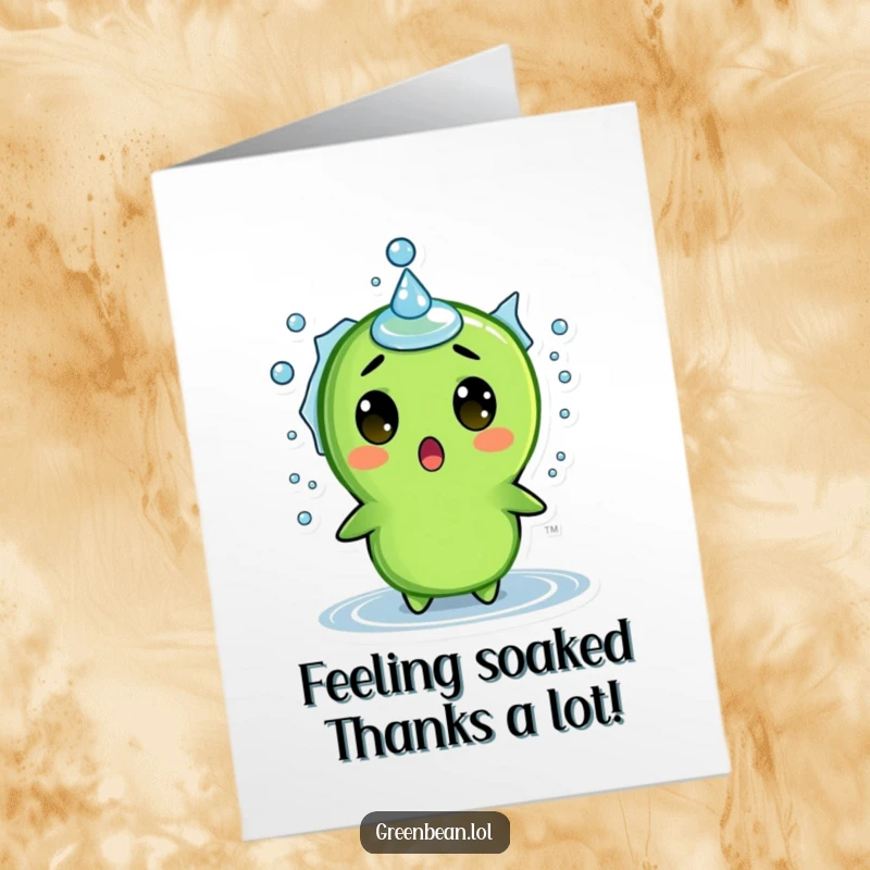 Funny Free Printable Thank You Card: Wide-eyed green bean hilariously surprised by a sudden water splash.